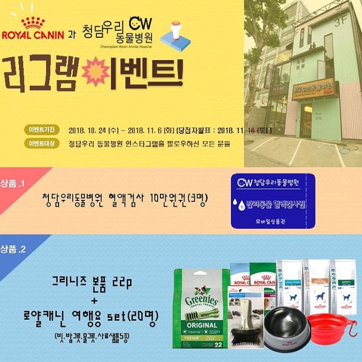 청담우리동물병원과 로얄캐닌 마즈코리아가 함께하는 리그램 이벤트 타이틀이미지